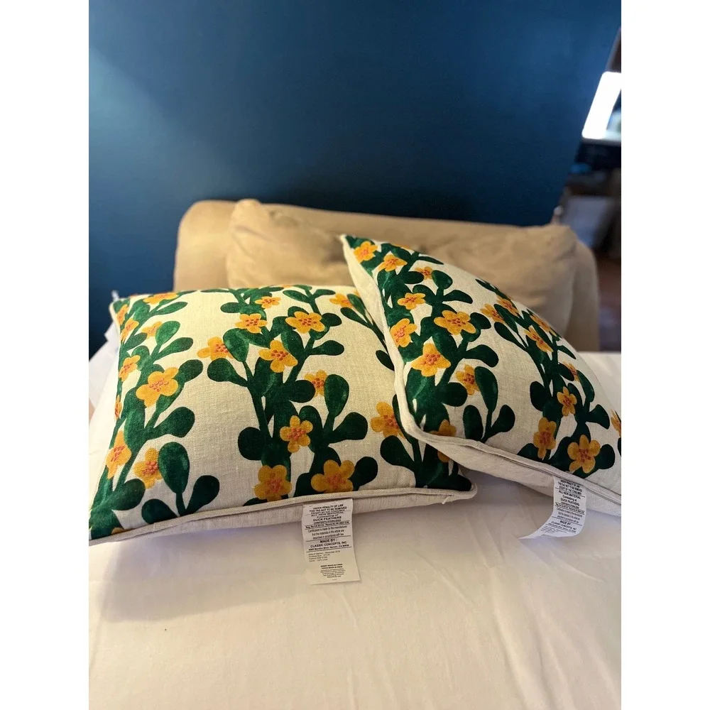 Classic Concepts Linen Throw Pillows Set of 2 Green Yellow Duck Feather 18